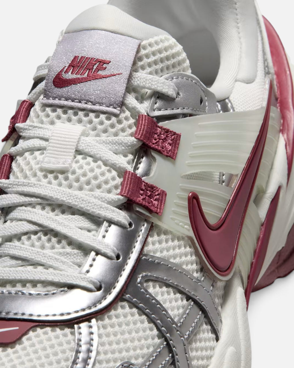 CRIUW NIKE V2K Run Pink Smoke sneaker featuring white mesh, metallic silver overlays, and pink plastic accents.