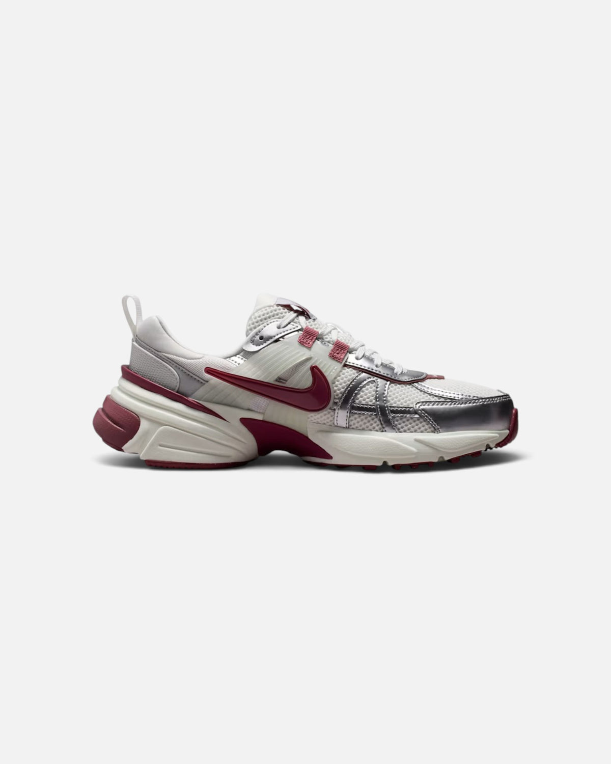 CRIUW NIKE V2K Run Pink Smoke sneakers featuring metallic silver overlays, mesh base, and chunky vintage midsole.