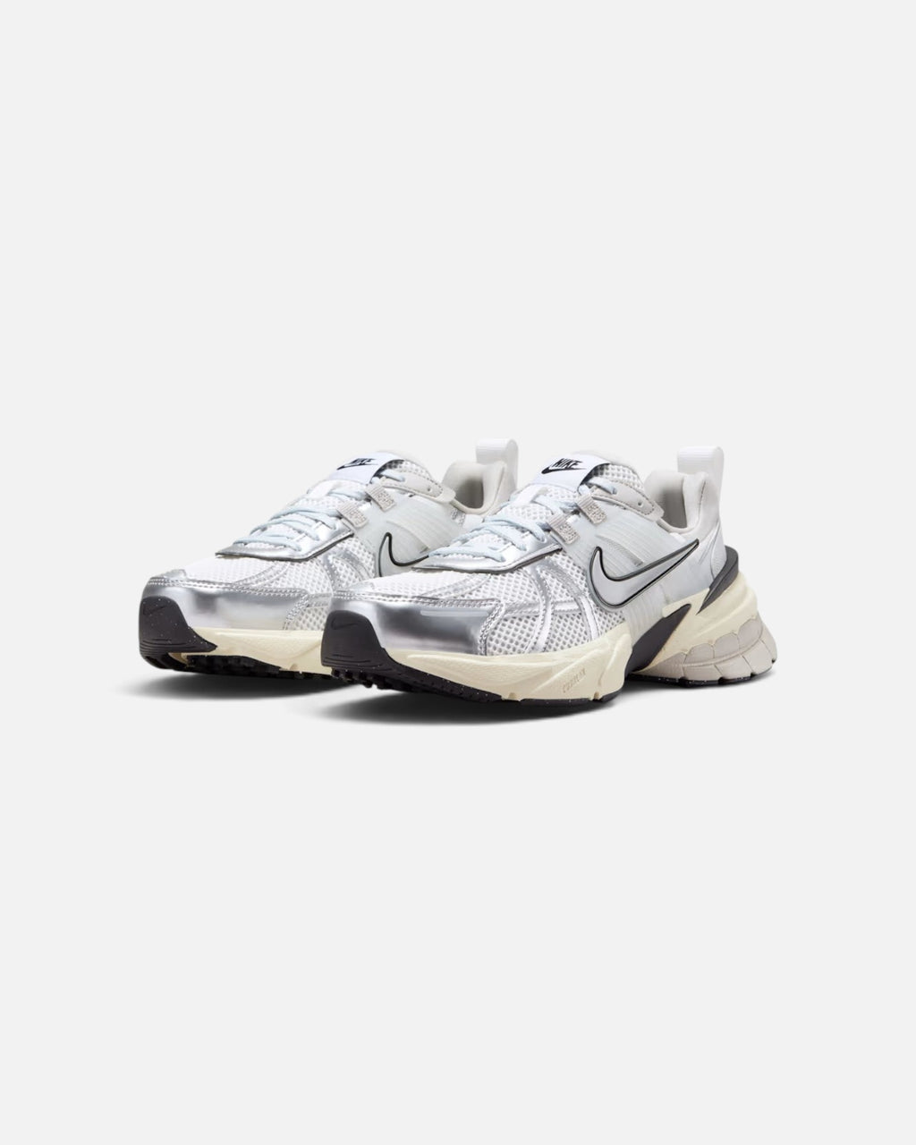 CRIUW NIKE V2K Run Summit White sneakers featuring metallic silver overlays, white mesh, and a chunky vintage sole.