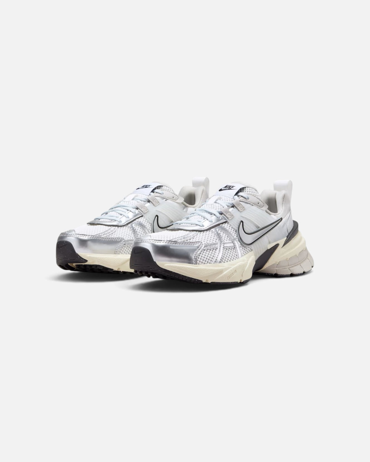 CRIUW NIKE V2K Run Summit White sneakers featuring metallic silver overlays, white mesh, and a chunky vintage sole.