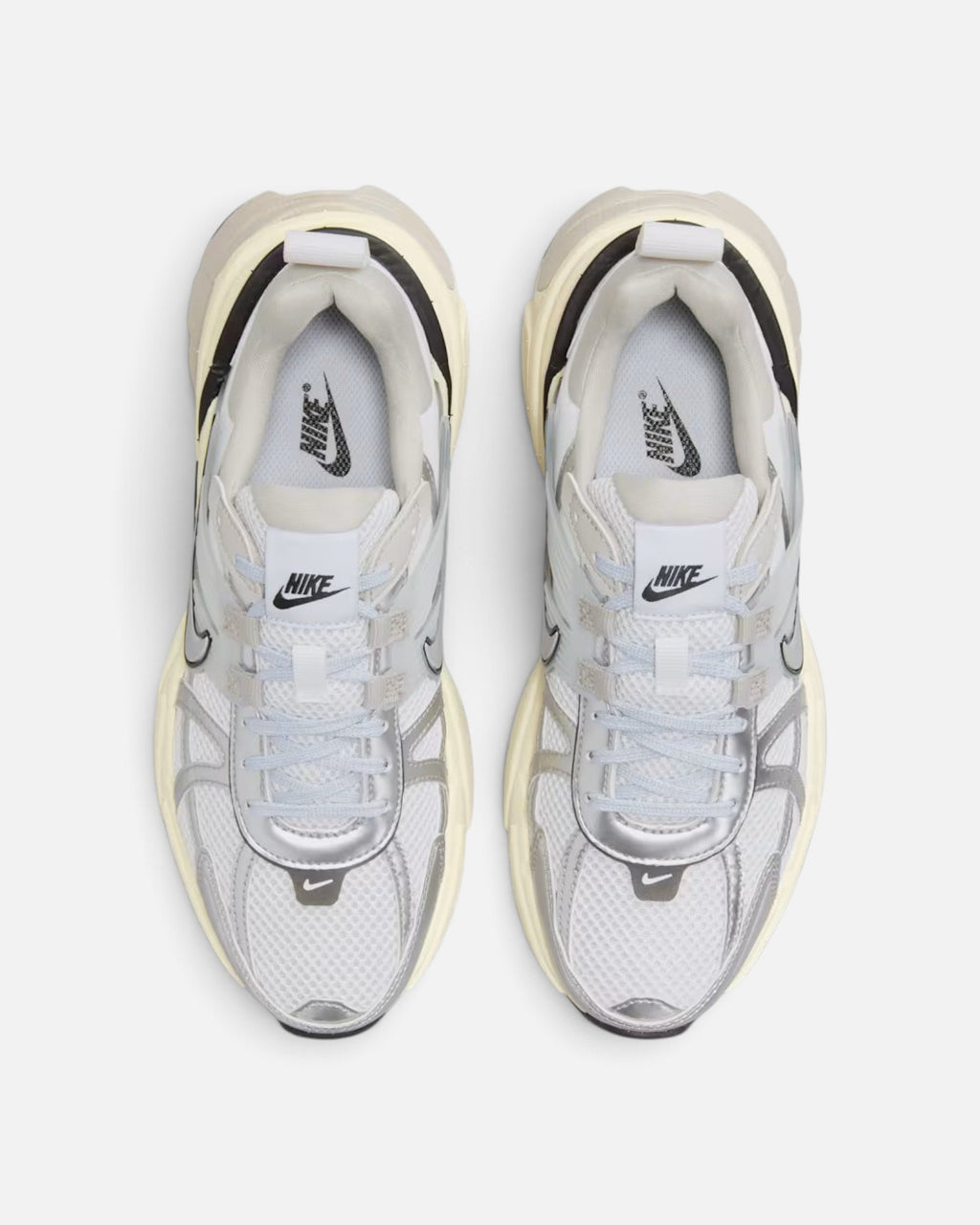 CRIUW NIKE V2K Run Summit White sneakers featuring a retro-inspired mesh and metallic silver design with chunky soles.