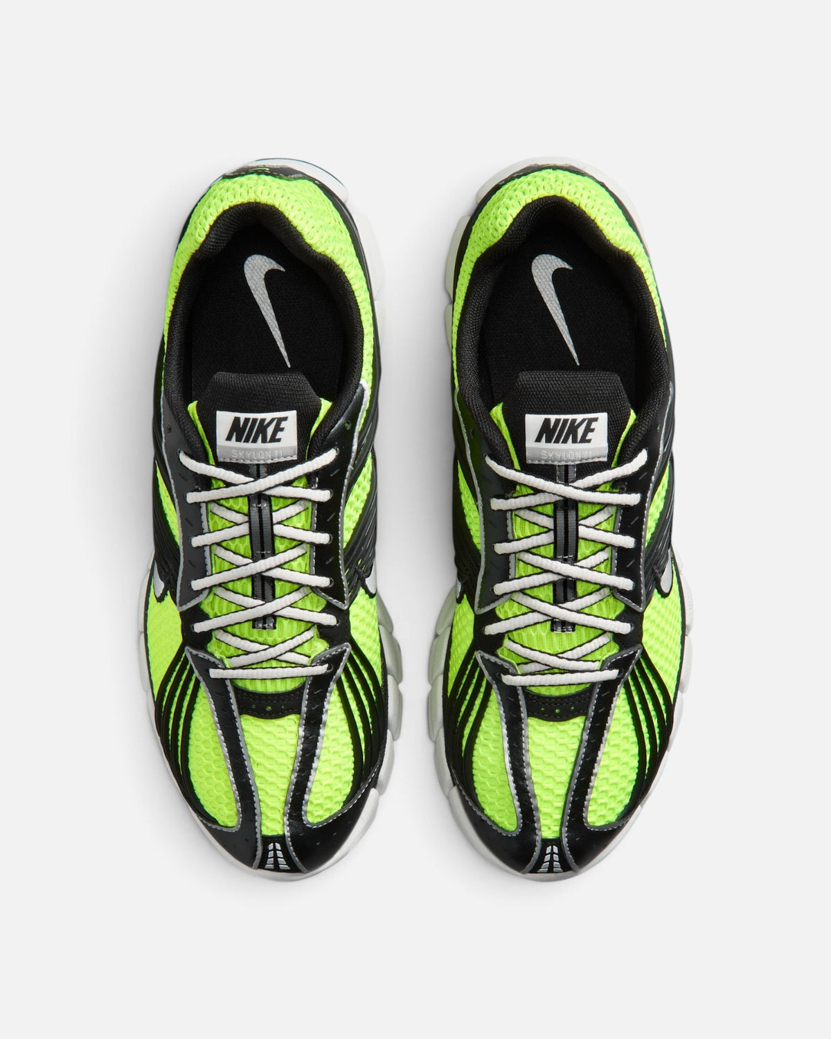 CRIUW Nike Zoom Skylon 11 running shoes in volt green mesh with black and metallic silver accents, top-down view.