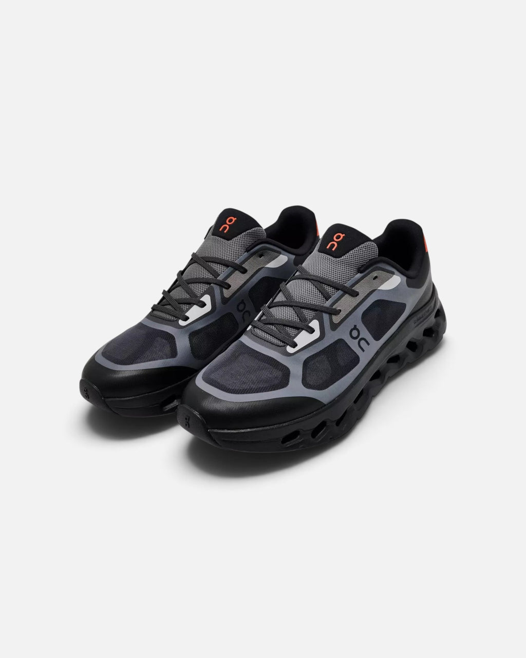 CRIUW On Cloudtilt Remix sneakers in black and grey mesh with flame orange accents and CloudTec cushioning