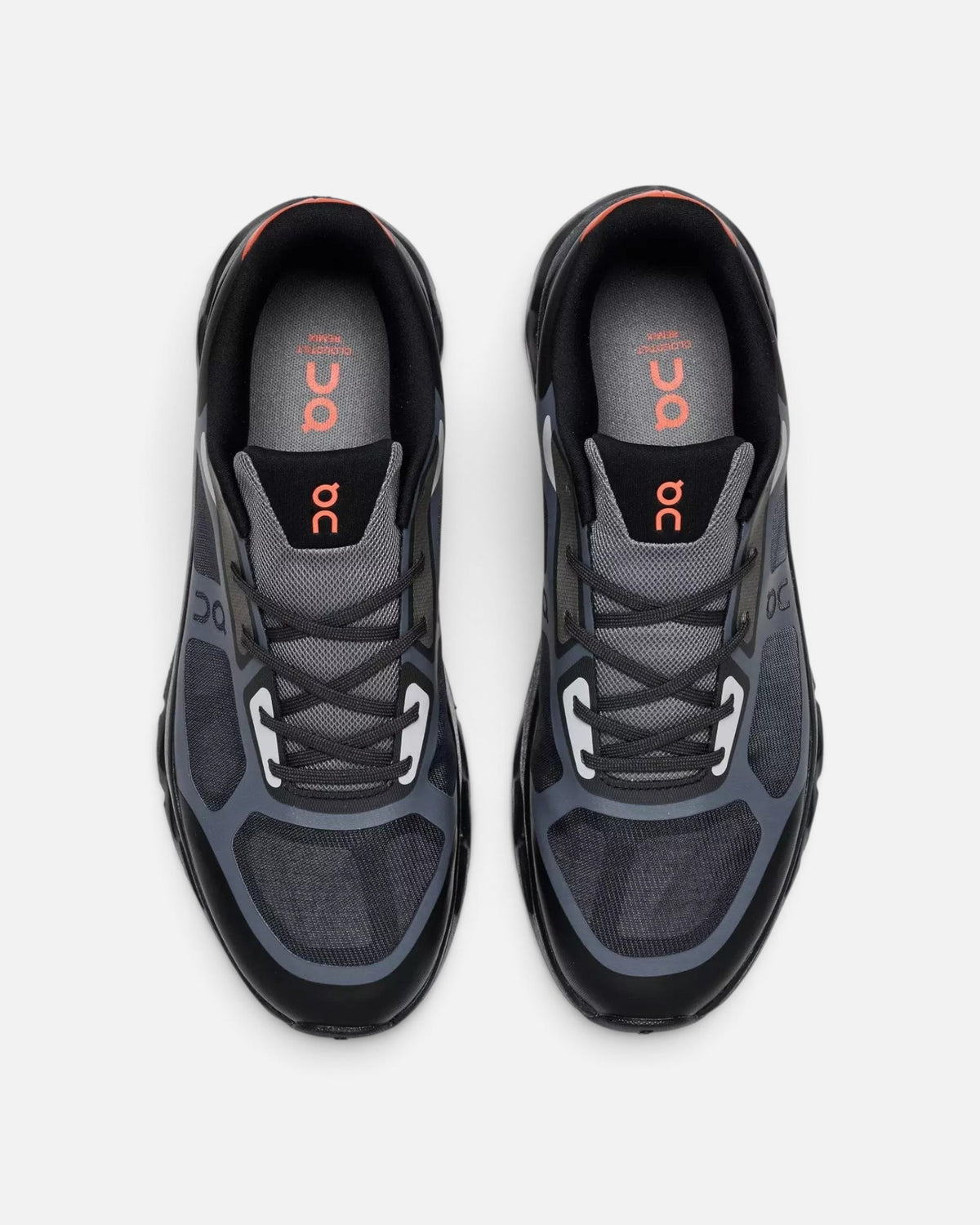 CRIUW On Cloudtilt Remix sneakers in black and grey with mesh upper and orange accents, top view.