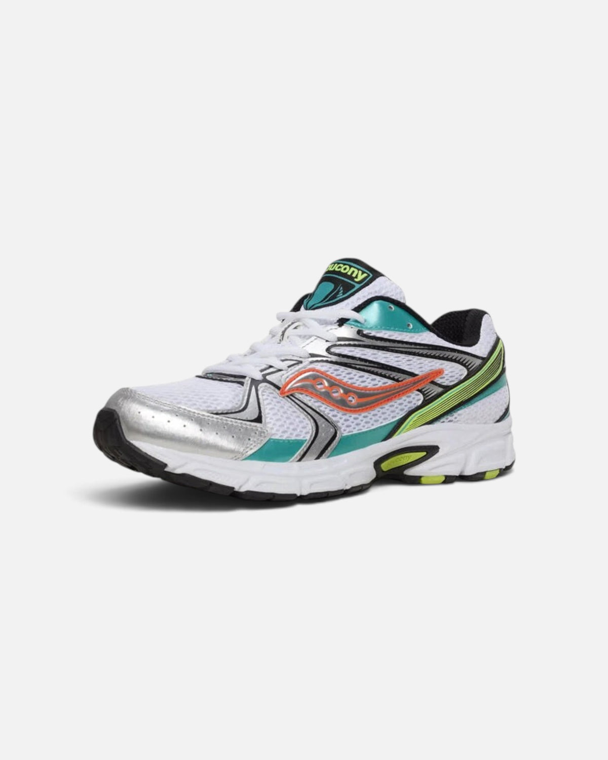 CRIUW Saucony Ride Millennium Mutant running shoes in white with silver, teal, and orange accents.