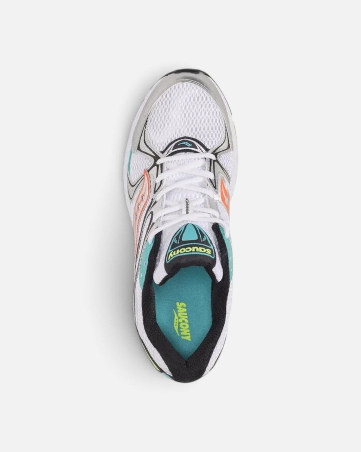 CRIUW Saucony Ride Millennium Mutant running shoes in white with silver, orange, and teal accents, top view.