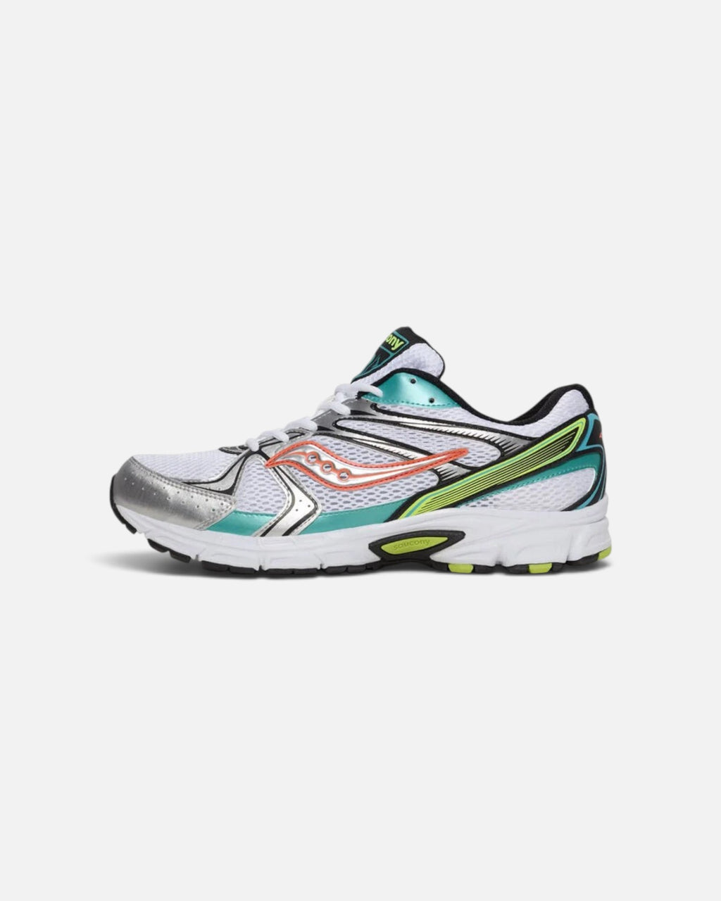 CRIUW Saucony Ride Millennium Mutant running shoes in white with silver, teal, and orange accents.