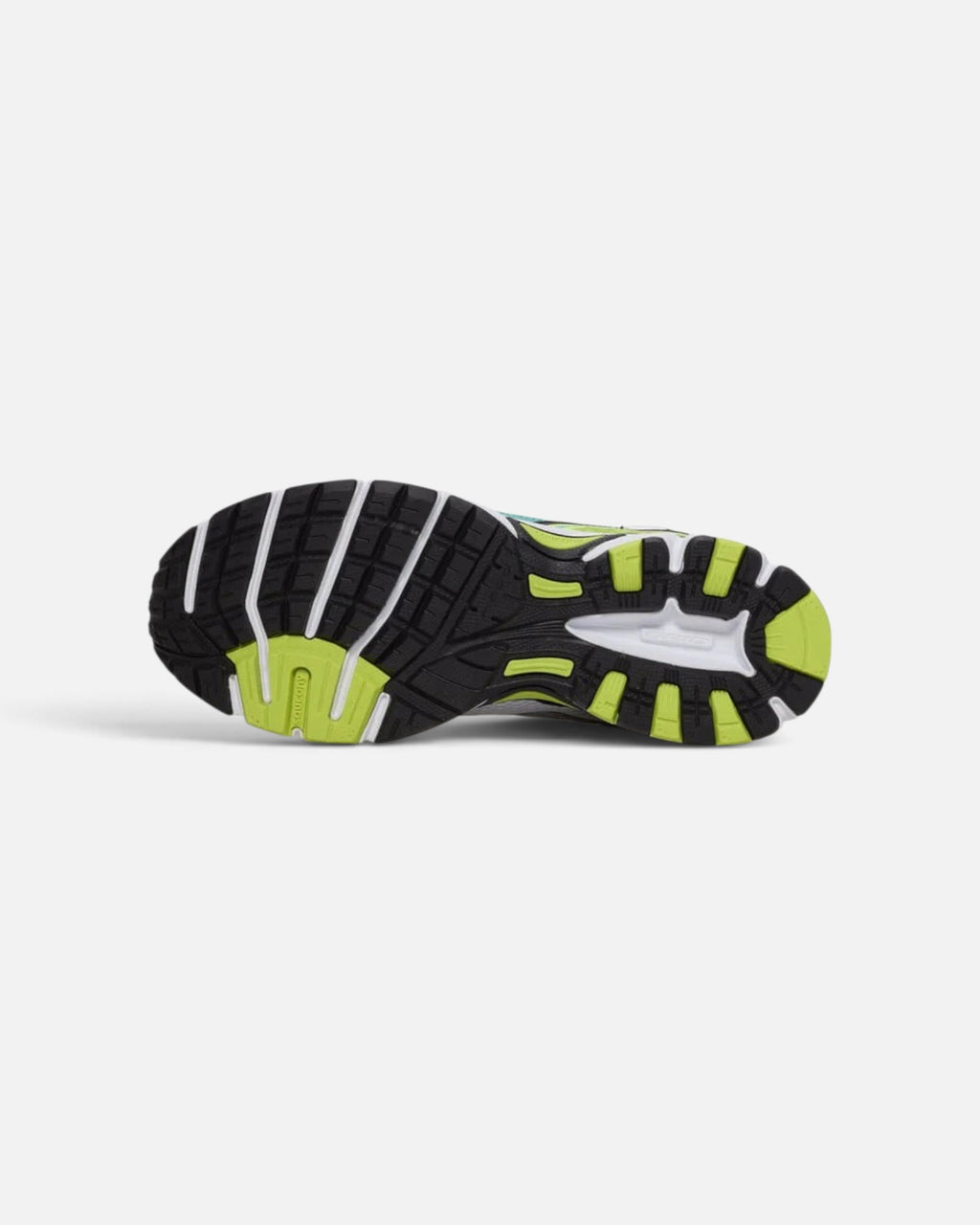 CRIUW Saucony Ride Millennium Mutant running shoe showing the black, white, and lime green patterned rubber outsole.