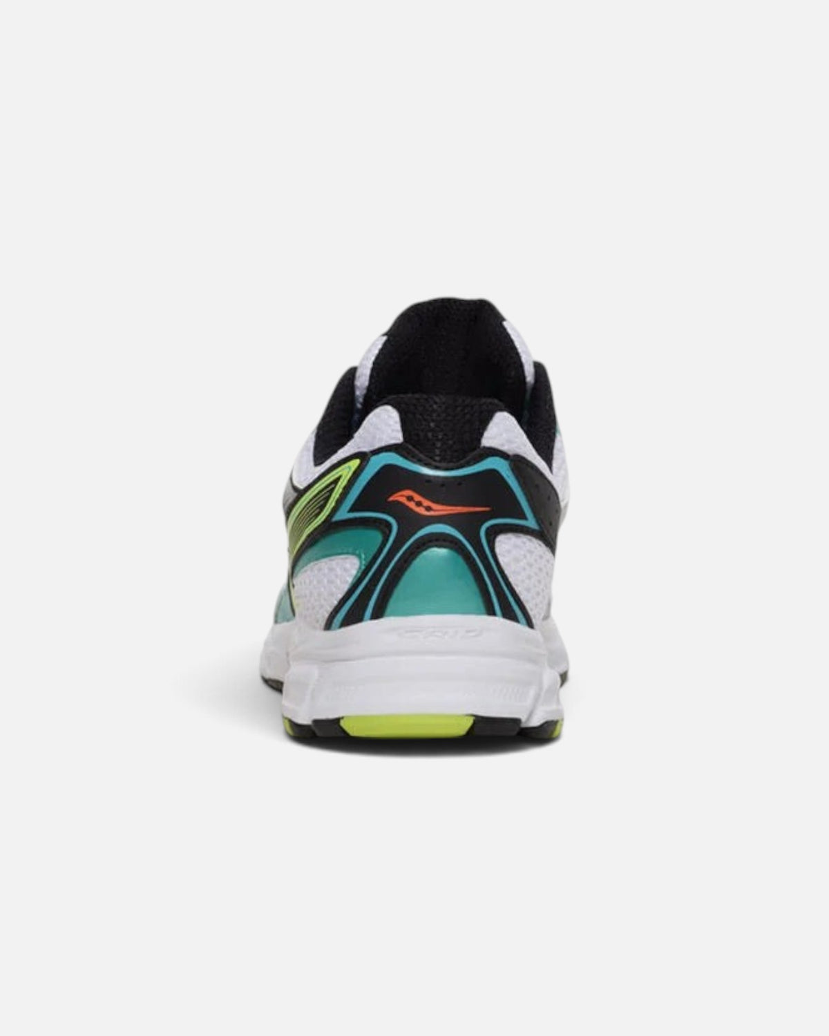 CRIUW Saucony Ride Millennium Mutant running shoe, rear view showing white, teal, and lime green athletic design.