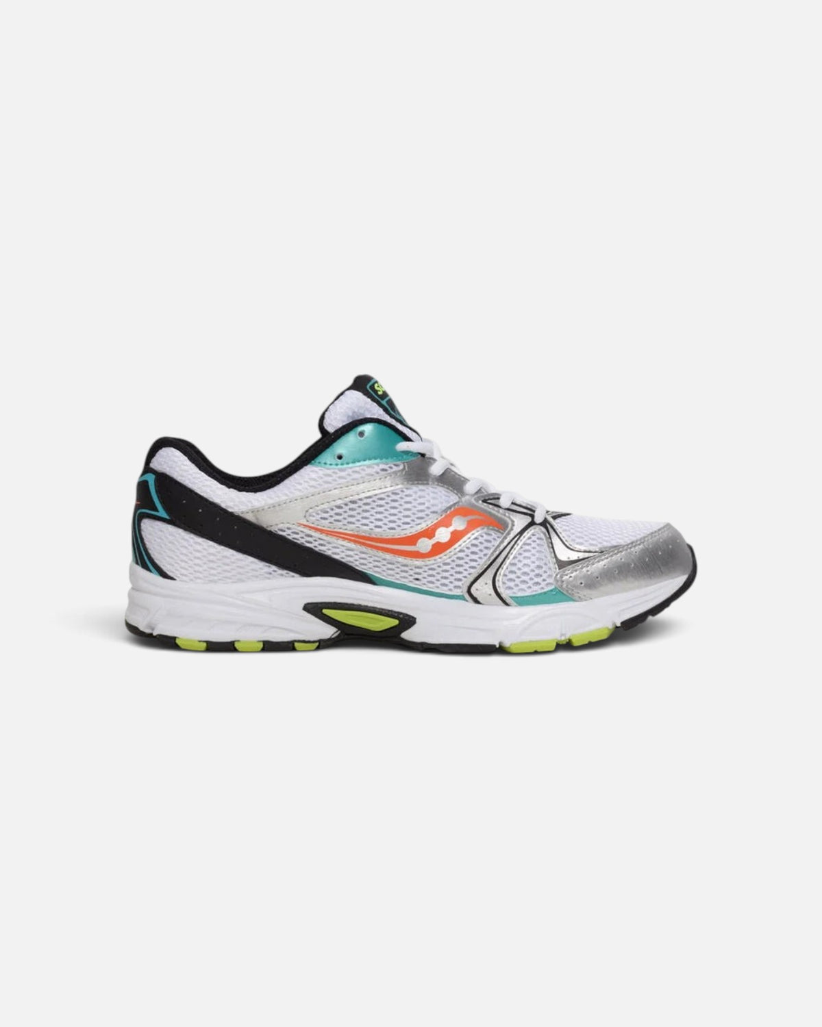 CRIUW Saucony Ride Millennium Mutant running shoes in white mesh with silver, orange, and teal accents.